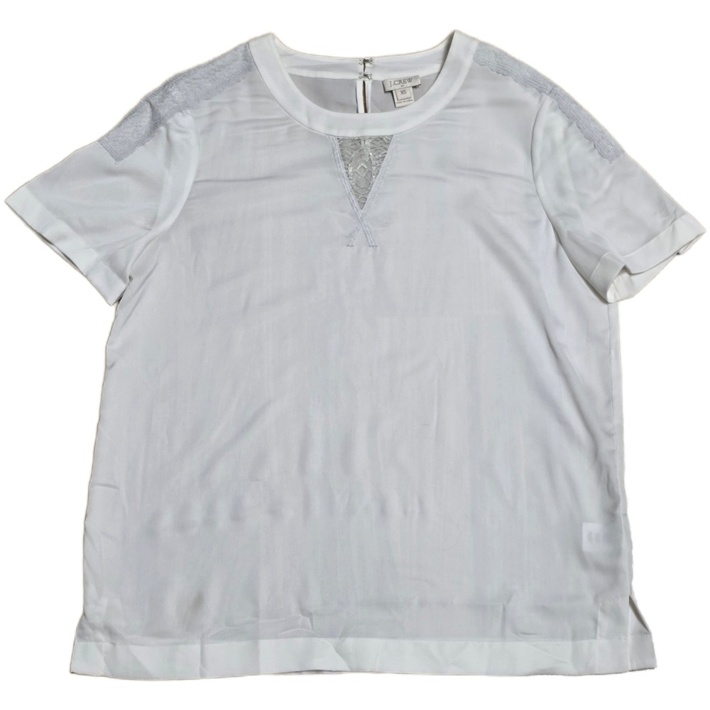 J. Crew Sheer Blouse Women's Size XS White Lace Trim Short Sleeve Woven Shirt
